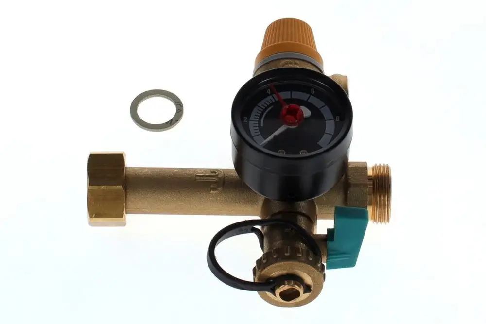Sicherheitsgruppe von Bosch mit Druckregler, Manometer und Anschlussgewinde, gefertigt aus Messing, zur Drucküberwachung in Heizsystemen.